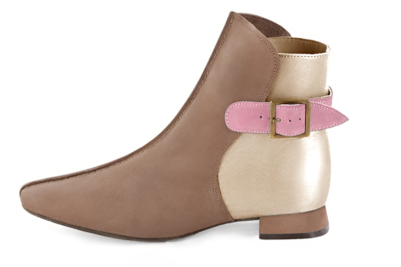 Biscuit beige, gold and carnation pink women's ankle boots with buckles at the back. Square toe. Flat flare heels. Profile view - Florence KOOIJMAN